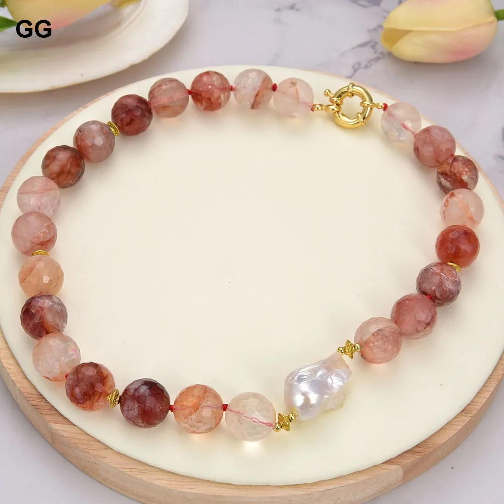 GuaiGuai Jewelry Natural Stone 20'' 14mm Faceted Lepidocrocite Quartz White Keshi Pearl Necklace