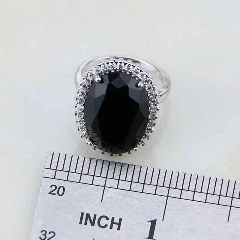 Round Shaped Black Stones White Zircon Sterling Silver Jewelry Sets For Women Wedding Earrings/Ring/Pendant /Necklace