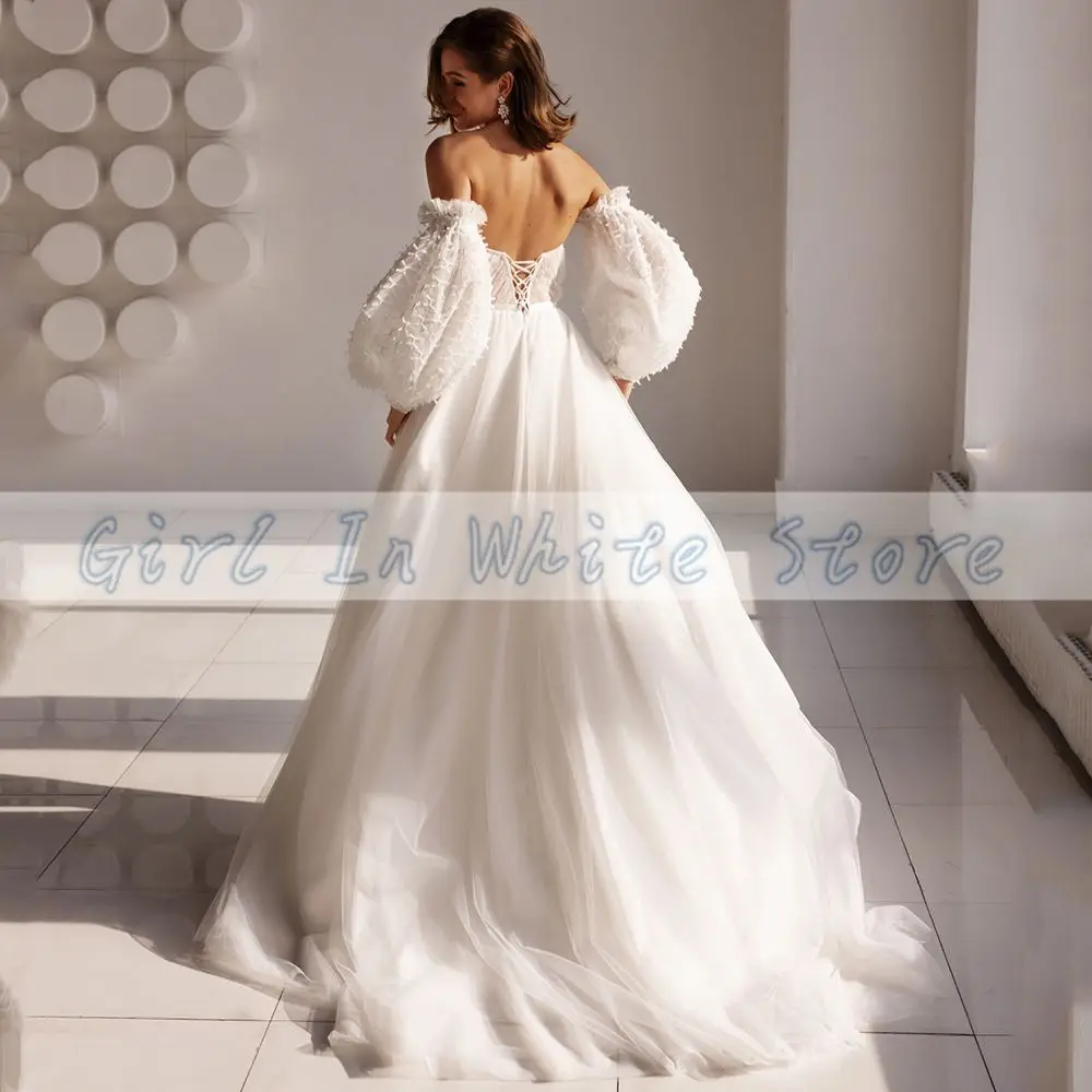 Abiti da sposa a-line con applicazioni senza spalline Abiti da sposa personalizzati con lacci senza schienale Maniche a sbuffo Spacco laterale alto Vestido De Novia