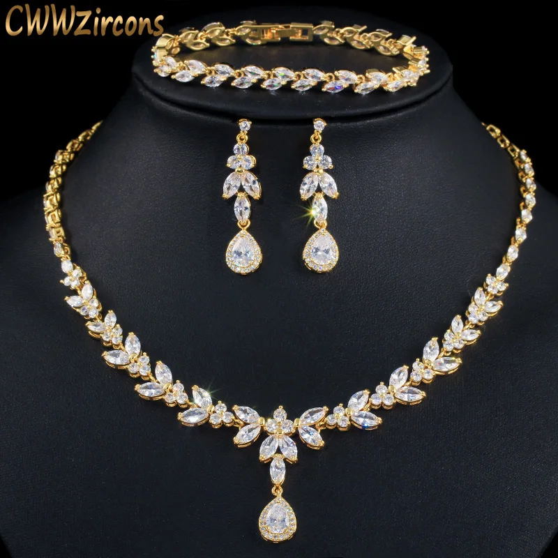 CWWZircons 3pcs Women Costume Big Gold Plated Jewelry Set Shiny Cubic Zirconia Drop Dubai Brides Necklcae Earrings Bracelet T370