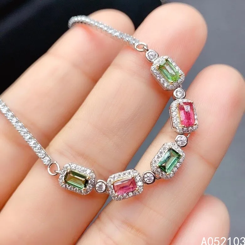 KJJEAXCMY fine jewelry 925 sterling silver inlaid natural tourmaline Women's elegant rainbow color square gem bracelet support d