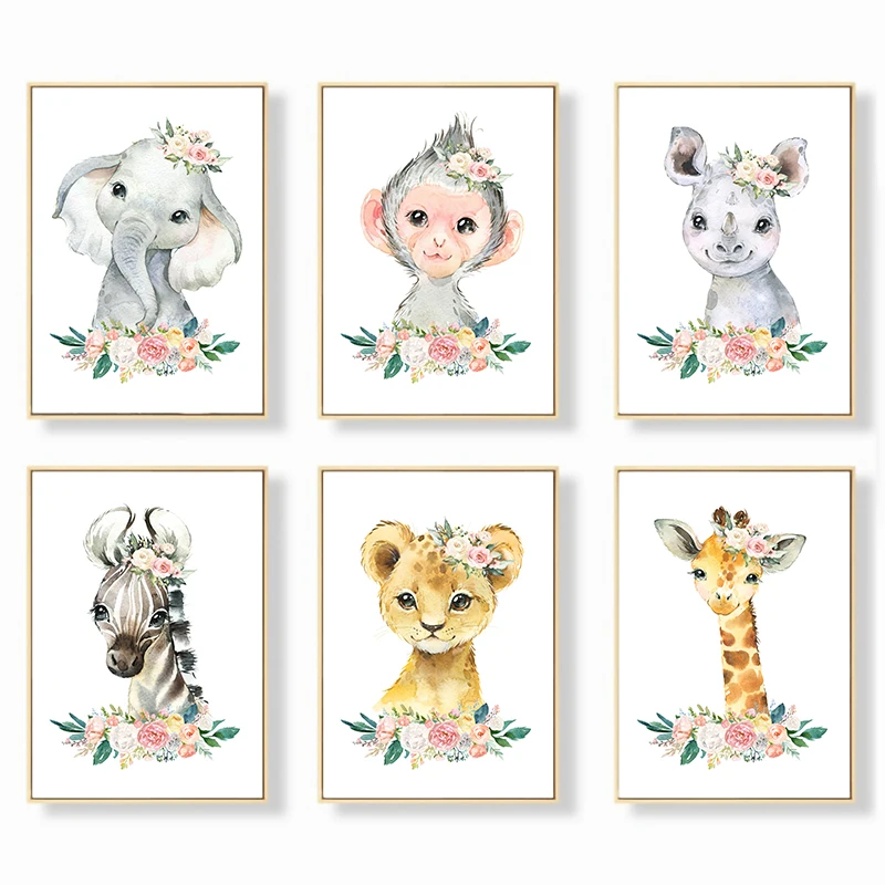 Watercolor Animals Nursery Wall Art Lion Giraffe Zebra Elephant Posters and Prints Canvas Paintings Pictures Kids Bedroom Decor