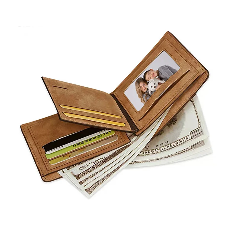 Customized Wallet Photo Mens Brown Short Waterproof Multi-Function Matte PU Leather Engraving Picture Personalized Purse For Men