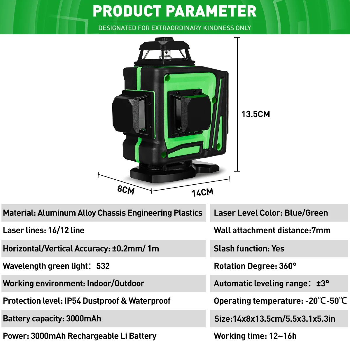 16 Lines 4D Green Laser Level Self-Leveling 360 Degrees Horizontal And Vertical Cross Lines Green Laser Line With Tripod Battery