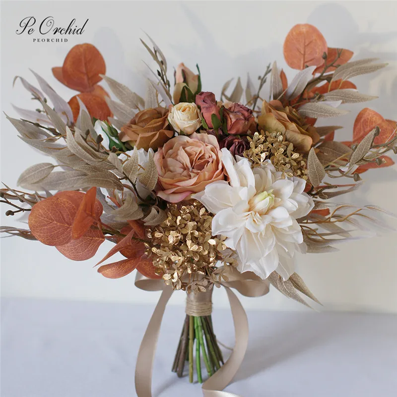 PEORCHID Champagne Gold Bridal Bouquets Roses Artificial Bride Holding Flowers Wedding Decoration Eucalyptus Peony Bouquet