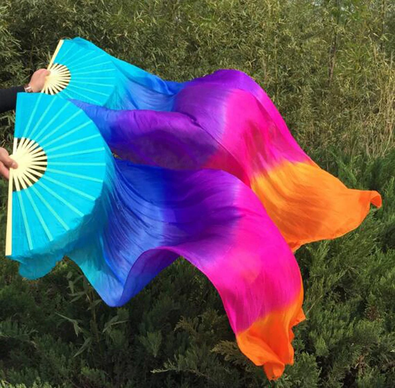 Heißer-Verkauf 1 paar/2 stücke Echt Silk Bauchtanz Schleier Fans Bambus Handmade Gefärbt Leistung Lange Fan bellyDance 100% Echte Seide Fan Schleier