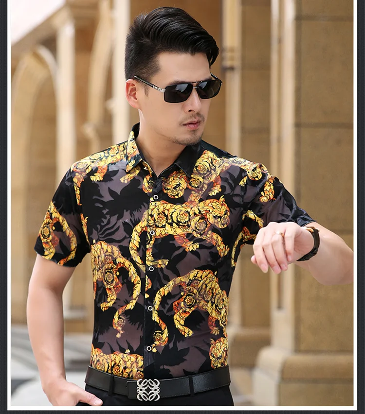 Through See Silk Shirts Mens Sexy Night Club Shirt Short Sleeve Transparent Fashion Tiger Print Shirts S-3XL