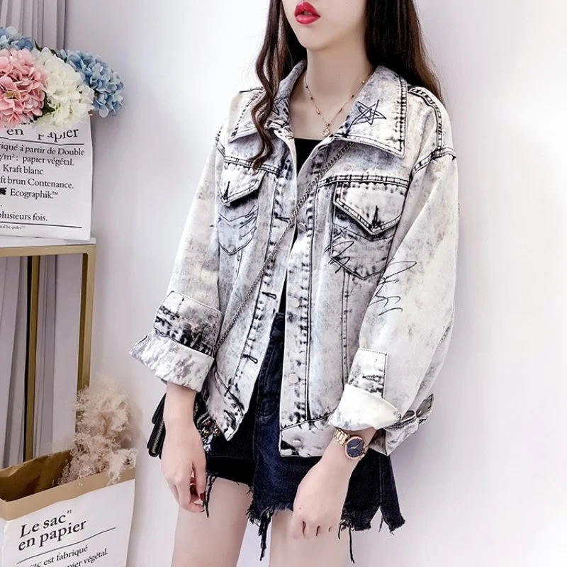 

Street High Women Denim Coat Autumn Vintage Long Sleeve Cowgirl Jacket Casual Office Lady Loose Lapel Single Breasted Jackets