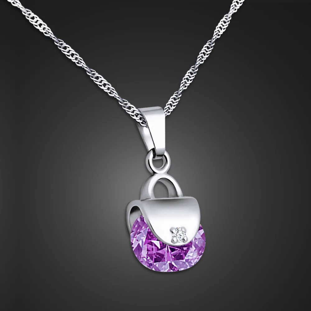 

Elegant Purple Crystal 100% 925 Sterling Silver Necklace Women Bag shape Pendant Choker High quality Jewelry Gift