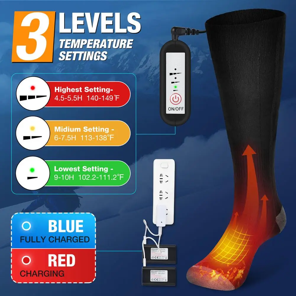 Winter Electric Heating Socks Rechargeable Heated Socks 3 Speed Temperature Adjustment Warm Foot Warmer For Cycling Skiing Camp