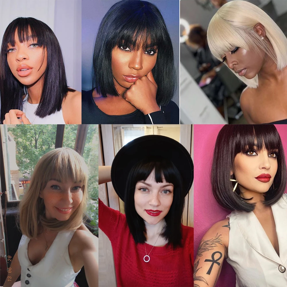 Amir-Perucas sintéticas pretas retas com franja para mulheres, cabelo de comprimento médio, peruca Bob, resistente ao calor, penteado Bob, perucas