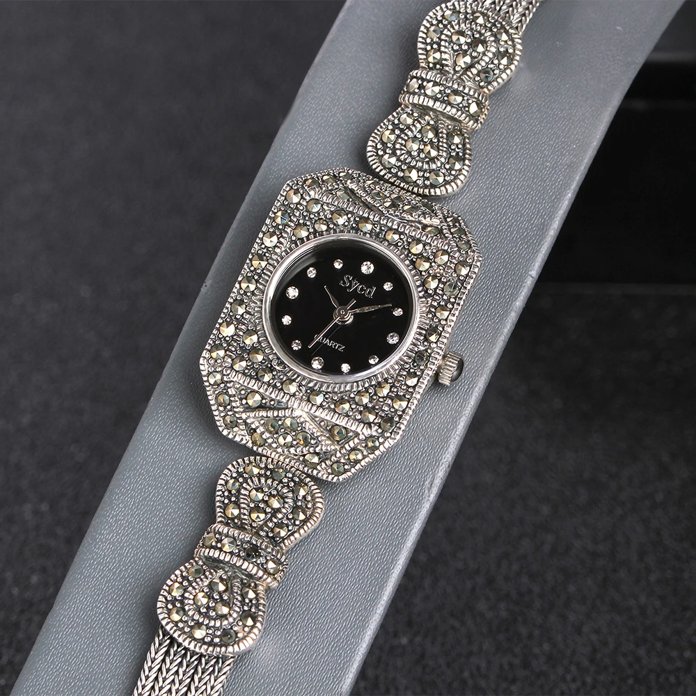 ZHJIASHUN Vintage 100% Silver 925 Watch For Women Retro 925 Sterling Silver Clock Female Bracelets Watch Jewelry