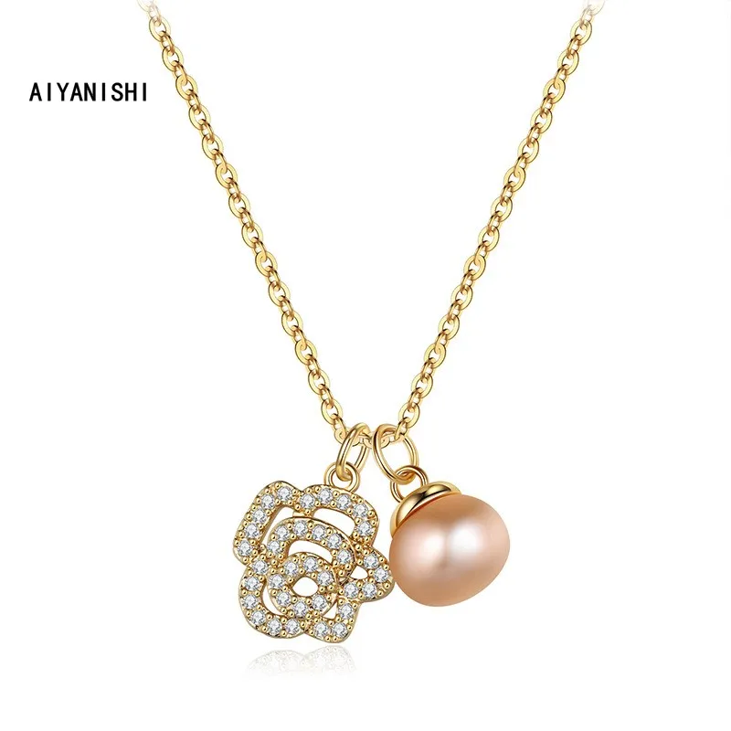 

AIYANISHI 18K Gold Filled Natural Freshwater Pearl Necklace Fashion Handmade Flower Chain Necklace For Women Charm Necklaces