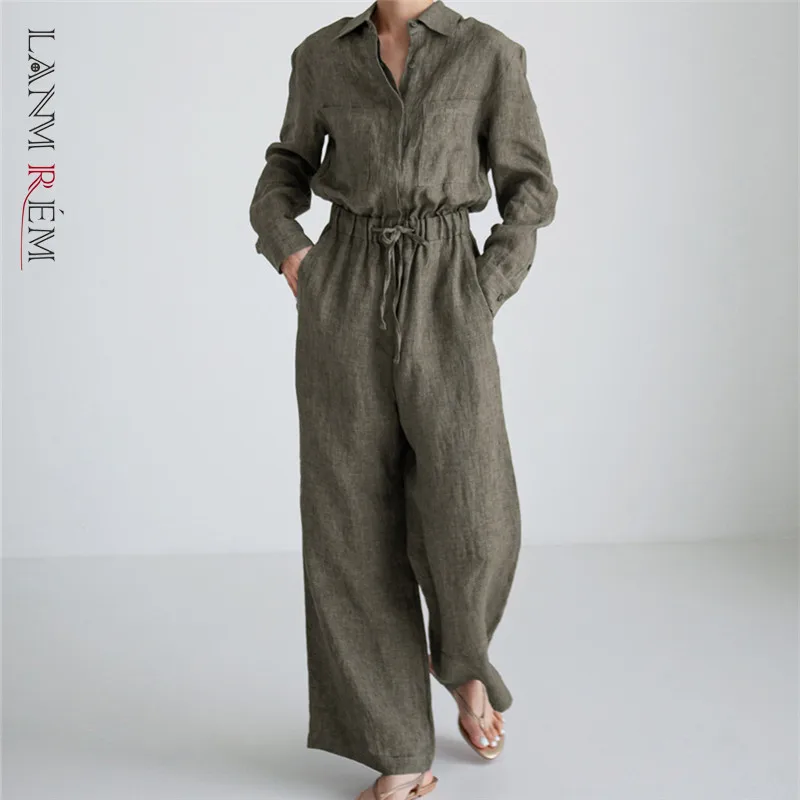 

LANMREM Wide Leg Jumpsuit Women's Fashion Temperament Cotton Linen Lapel Jumpsuits Drawstring With Pockets 2024 New 2C2014