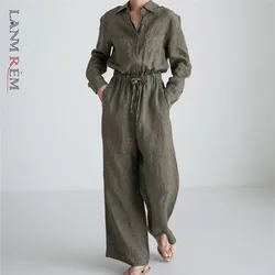 LANMREM Wide Leg Jumpsuit Women's Fashion Temperament Cotton Linen Lapel Jumpsuits Drawstring With Pockets 2024 New 2C2014