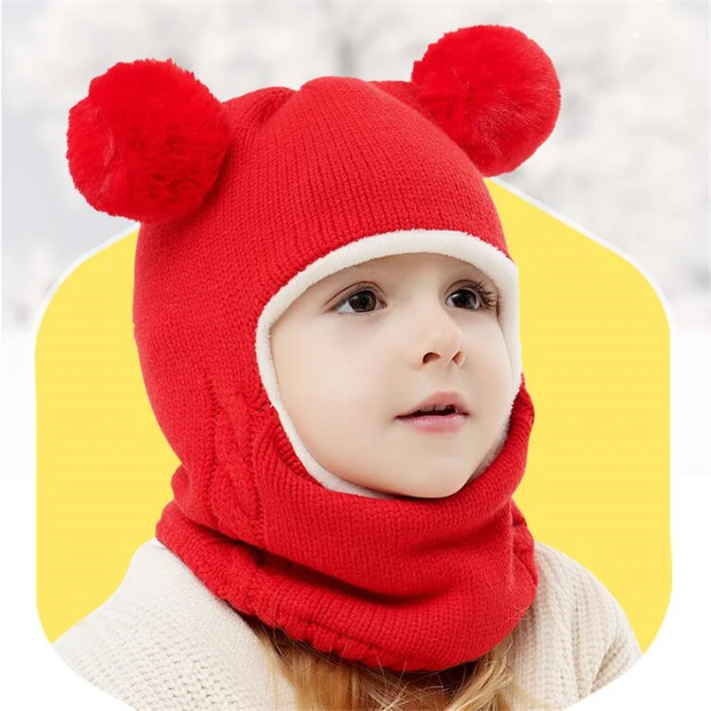 Baby Boy Girl Hat And Scarf All In One Winter Thicken Plus Velvet Face Ear Protection Knitted Cap Toddler Children Kids Warm Hat