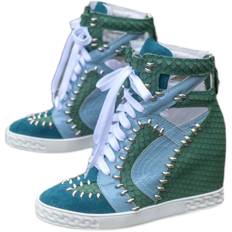 

Fashion Rivets Studded Leather Patchwork High Top Sneakers Inner wedge Increasing Real leather Mixed Color Lace Up Casual Shoes