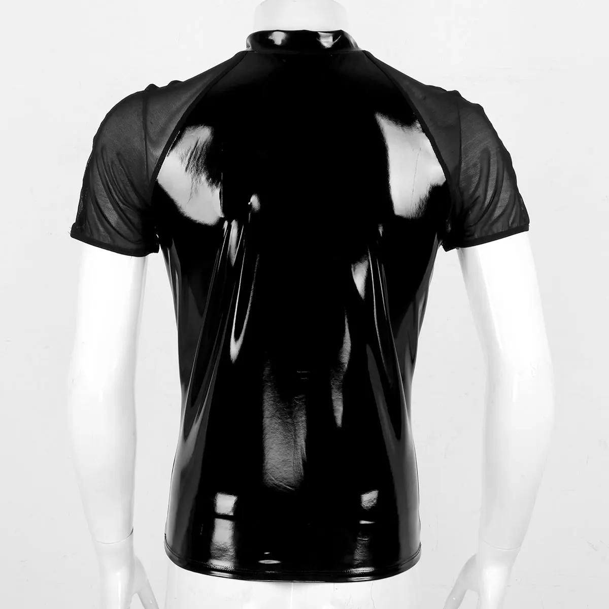 Men Shiny Shirt Wetlook Patent Leather Short Sleeves Summer Sexy T-shirt Sheer Mesh Zipper T-Shirts Tops Clubwear Casual Clothes