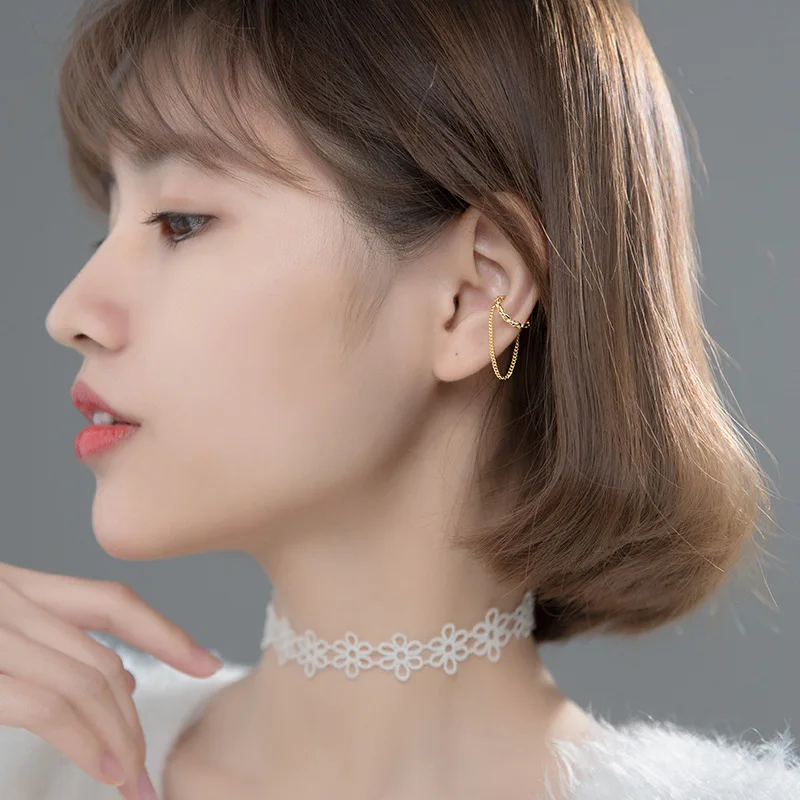WANTME Genuine 925 Sterling Silver Punk Cuban Link Chain Ear Clips Earring for Women Rock Ear Cuff Piercing Jewelry Accessories 5