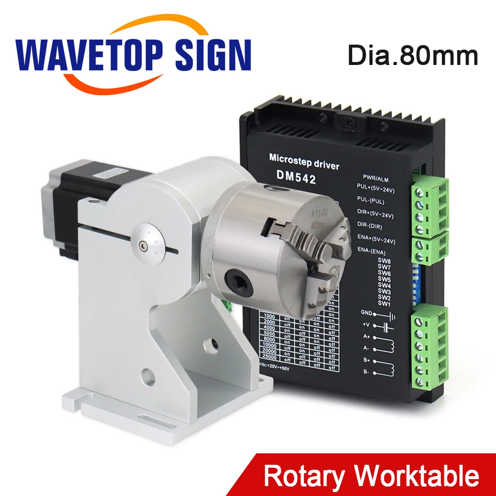 

WaveTopSign Rotary Attachment Diameter 80mm with Three Chuck and Stepper Driver Rotary Worktable for Laser Marking Machine