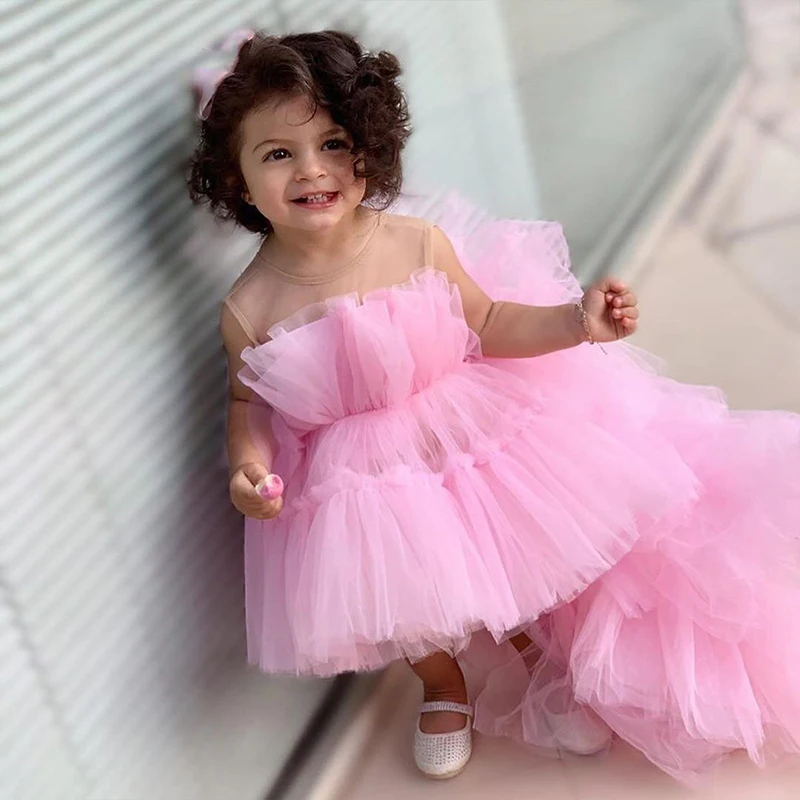 Robe de demoiselle d'honneur en tulle rose pour filles, jolie tenue de soirée, col bijou, fête pour enfants, tout ce qui est avec train, nouvel an, 2023