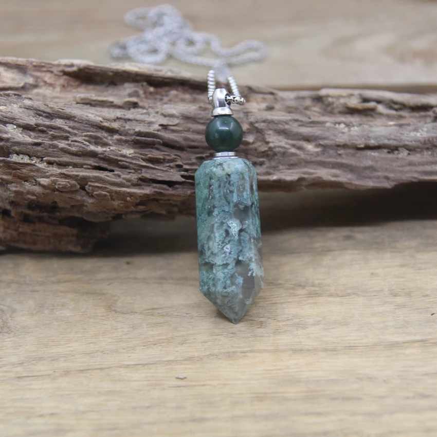 Natural Gems Crystal Hexagonal Point Essential Oil Vial Pendant Necklace Obsidian Turqupises Perfume Bottle Charm Jewelry QC1041