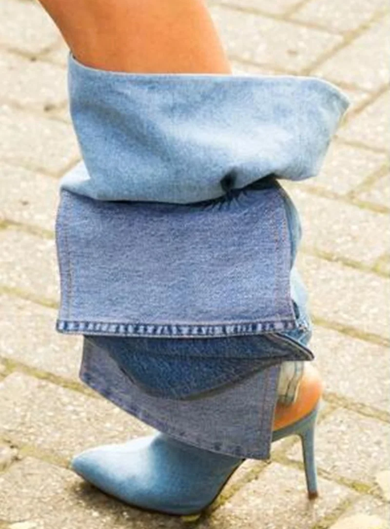 

Newest Blue Denim Thigh High Pocket Boots Pointed Toe Cut-out Loosed Over The Knee Boots Thin Heels Night Club Shoes