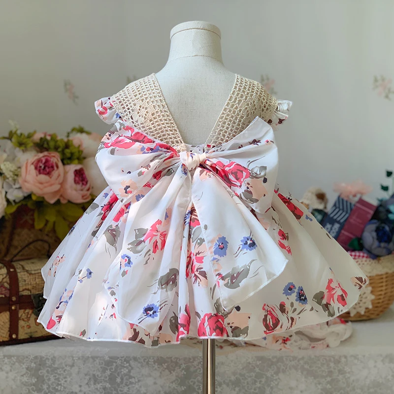 2PCS Summer Spanish Princess Ball Gown Bow Print Sleeveless Vintage Birthday Party Easter Eid Girl Lolita Dress For 12M-6T Y3041