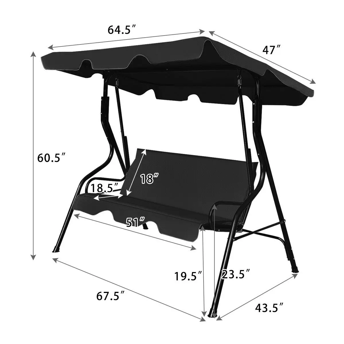 Costway 3 Seats Patio Canopy Swing Glider Hammock Cushioned Steel Frame Backyard Black