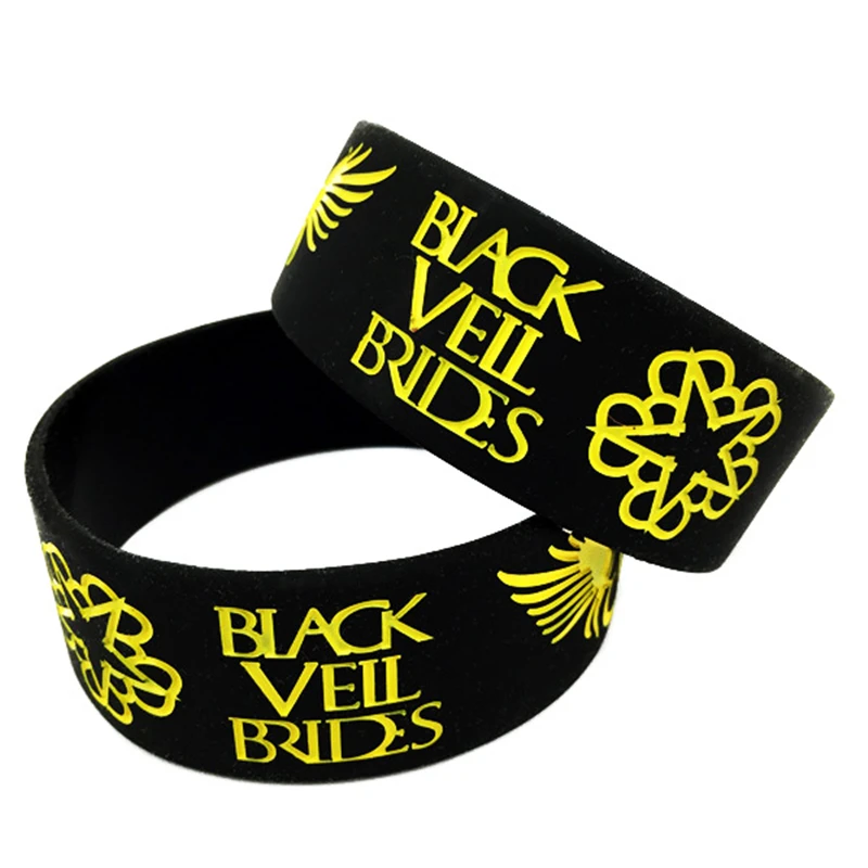 1 PC Black Veil Brides With Angel Wings Silicone Wristband 1 Inch Wide Adult Size