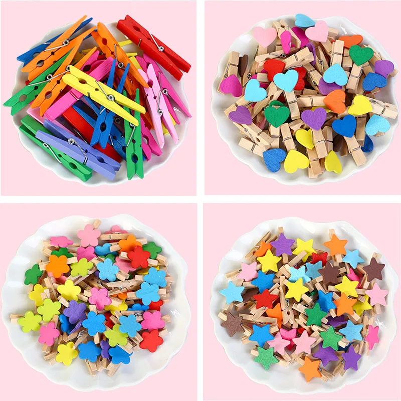 50pcs/lot Mini Wood Clips  Love Spring colorful Wood Clips for DTY Clothespin Craft Decor snack Clip Photo Clips Pegs