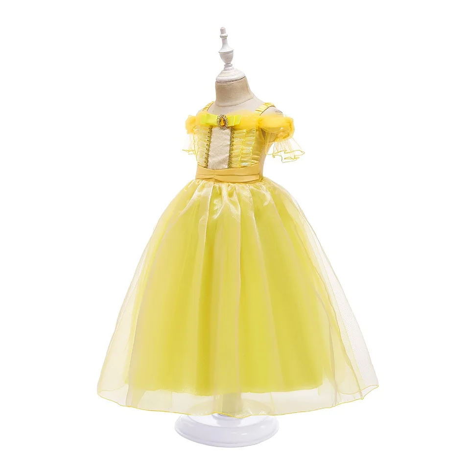 Girls' Sleeveless Yellow Tulle Princesa Vestido, Sino, Birthday Party, Performance de Palco, Kids Cosplay Dresses