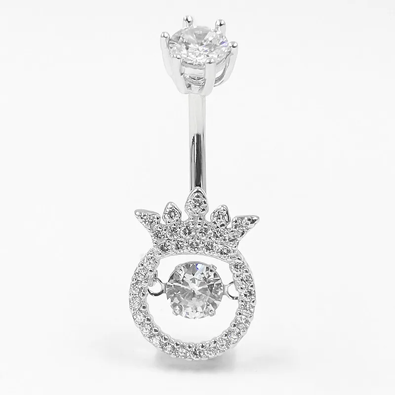 925 Sterling Silver Crown Zircon Long Belly Button Ring Dangle In Bulk Bar Navel-Piercing Women Body Jewelry Party Charming Gift