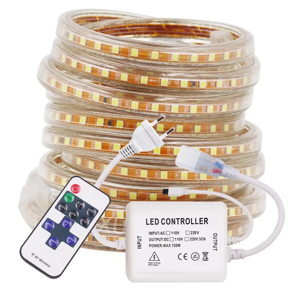 120Leds/m 2835 LED Strip Light 220V 230V 240V 11key Remote Control Waterproof Flexible LED Tape Rope Light Home Decoration