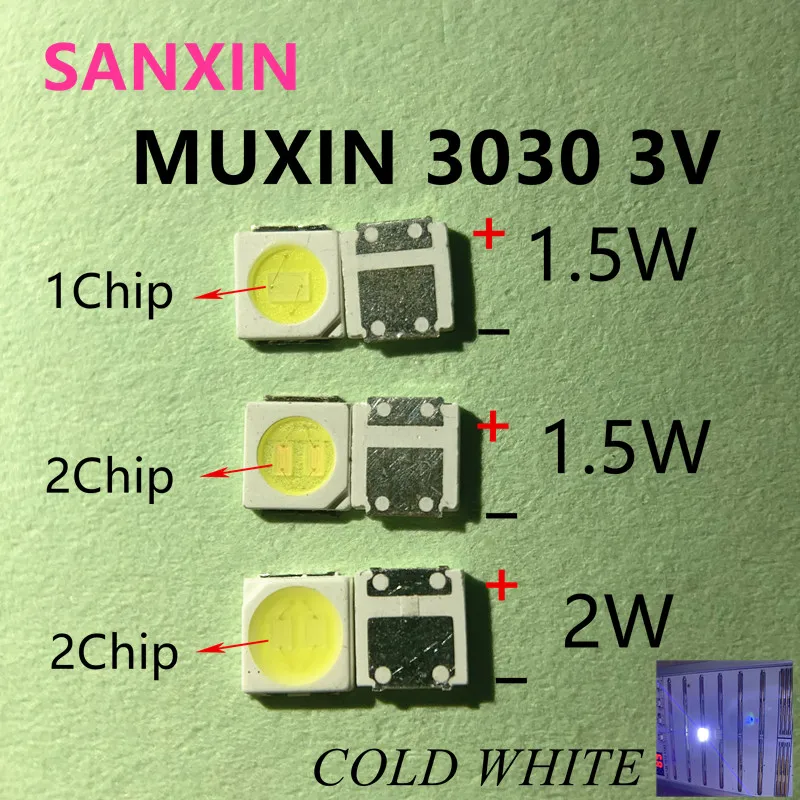 50-100pcs/ MUXIN high quality LED backlight 1.5W 2W 3030 3v cool white 80-90LM TV application