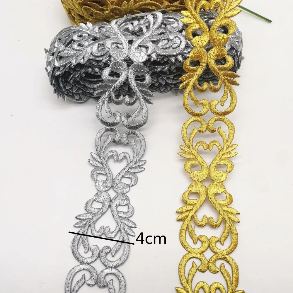 3 Yards Gold Embroidered Lace Iron On Cosplay Costume Trims Appliqued Gold and Sliver Metallic Tape 3-4CM