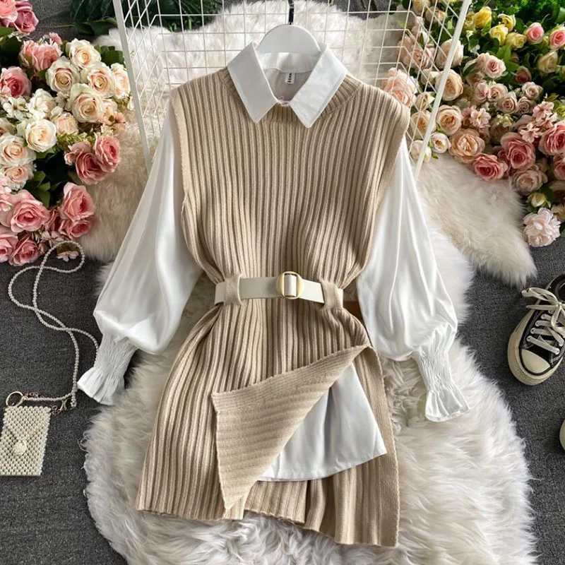 2021 Korean Spring Autumn Women Knitted Pullovers Vest + White Blouse Casual Belt Suit Two Piece Set Conjuntos Mujer