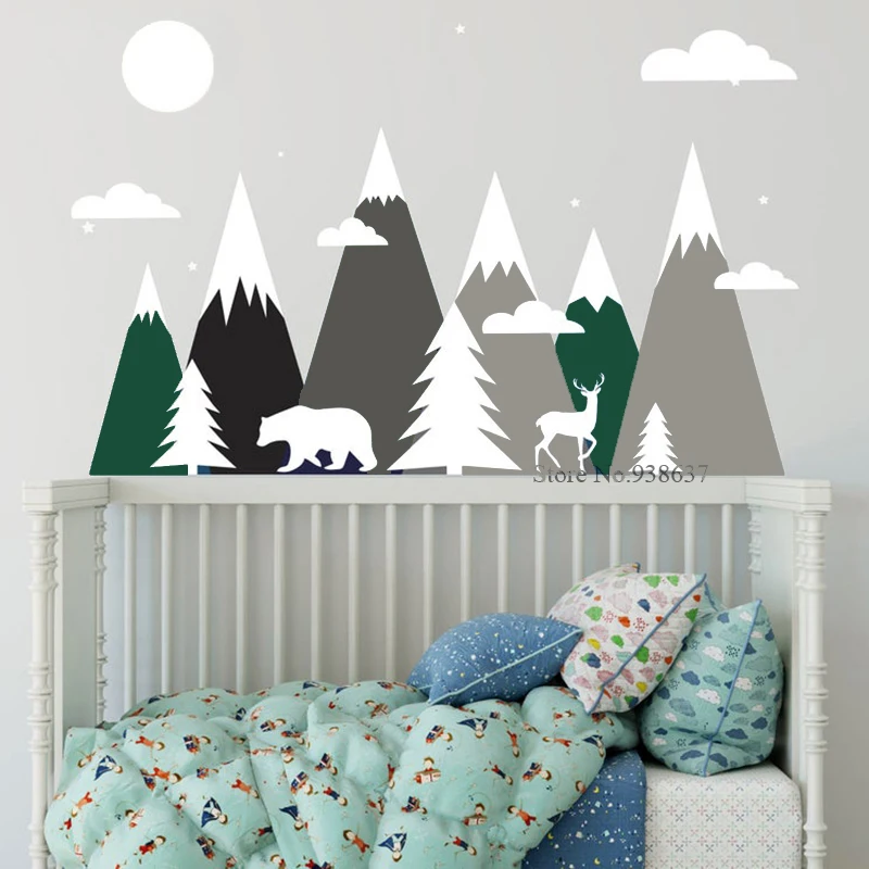 Large Mountains Woodland Wall Sticker Decal Peel and Stick Baby Kids Nursery Room Decor BA482-1