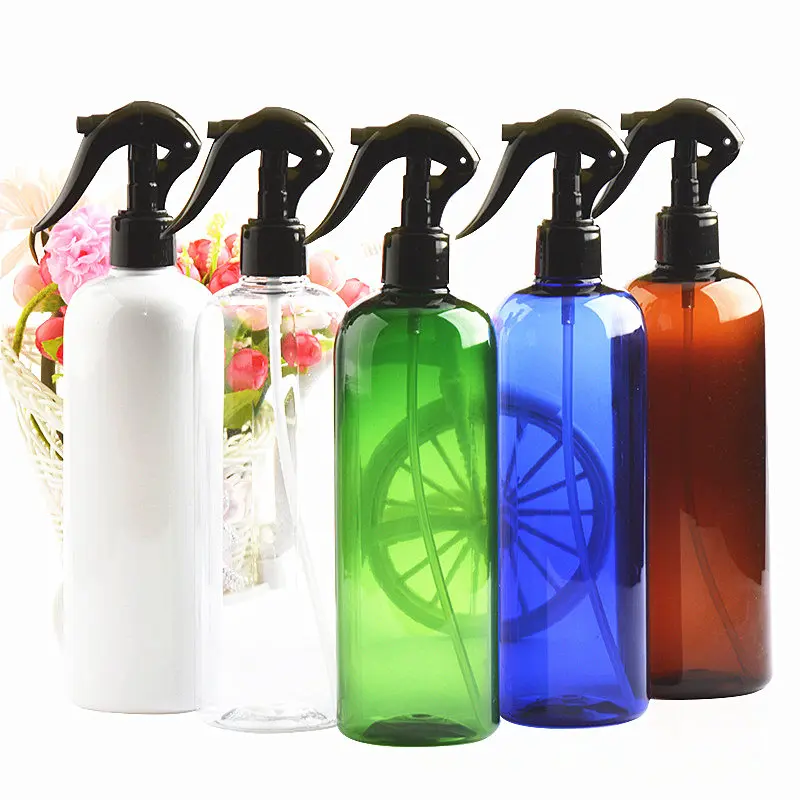 10pcs/Lot 500ml Empty PET Blue Amber Round Shoulder Boston Watering Plastic Bottle With Black White Clear Mini Trigger Sprayer