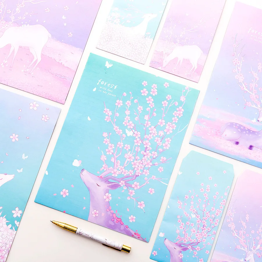 9 Pcs/Set 3 Envelopes 6 Letter Papers Fantasy Deer and Forest Series Letter Envelope Set Gift Stationery