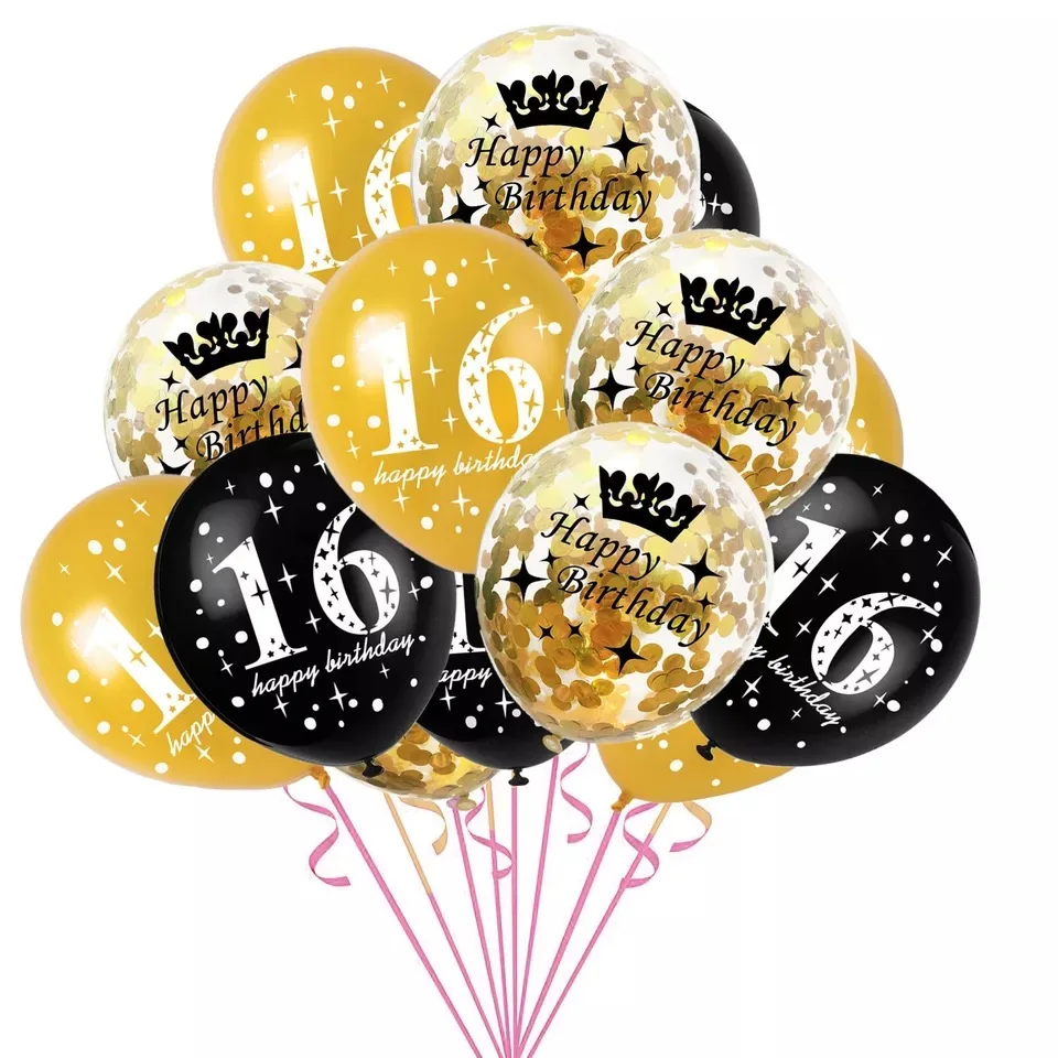 15pcs/set 16th Happy Birthday Balloon Decor Gold Silver Confetti Latex Balloons for 16 Year Old Birthday Celebrate Decoration