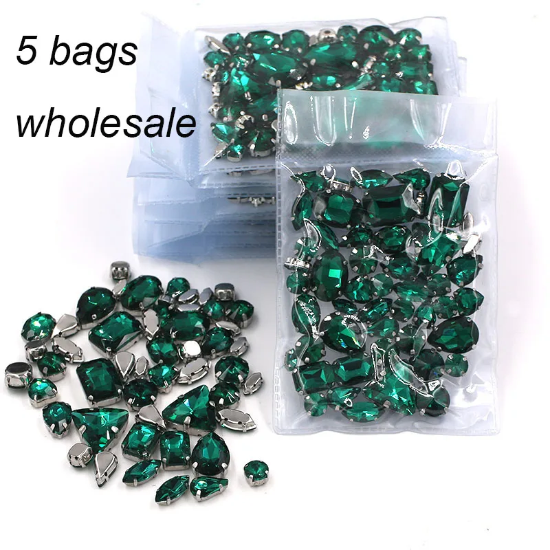 Accessori di Abbigliamento Commercio All\'ingrosso di 5 Borse Misto di Vetro di Forma di Cristallo Del Nastro di Base Malachite Verde Strass Fai da