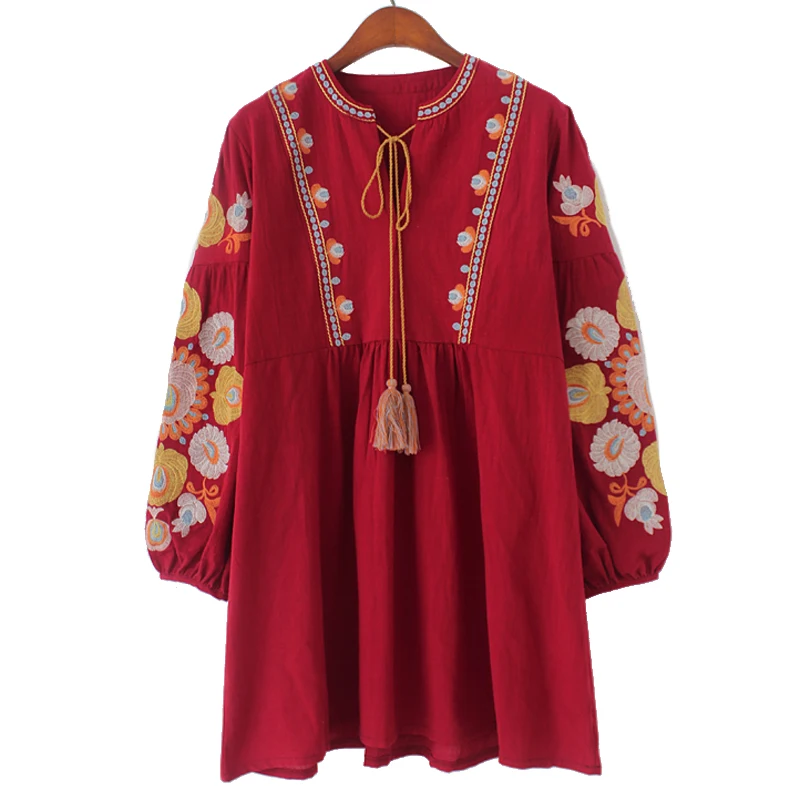 

New Cotton with Tassel Bohemian Boho Blouses Loose Pattern Wide Fit Embroidery on Sleeve with Flowers Whole Sale
