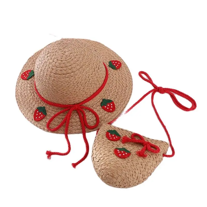 

Korean Strawberry Pineapple Children Sun Hat Bag Set Summer Brand Lace Bowknot Beach Straw Hat For Boy Girl Wide Brim Cap