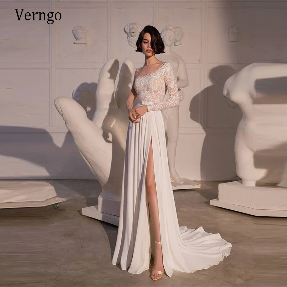 

Verngo Elegant Lace Applique Beads Beach Wedding Dress Sheer O-neck Long Sleeves A Line Chiffon Side Skirt Bridal Gowns