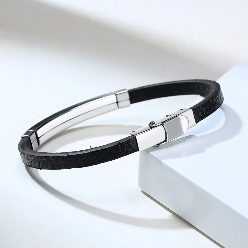 Simple Engraving ID Men Bracelet For Classic Male Leather Stainless Steel Bracelet Unique Unisex Custom Gift