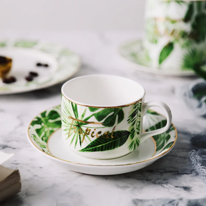 

Best Bone China Small Coffee Cup And Saucer Teacup Porcelain Green Plant Pattern Outline In Gold Ceramic Espresso Cup And Dish