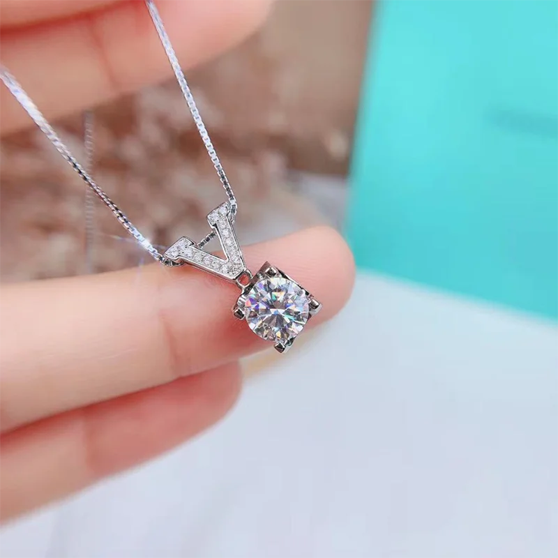 

925 Sterling Silver Color 2 Carat Lab Diamond Dazzling 5A Cubic Zirconia Pendant Necklace for Women Promise Gift Jewelry