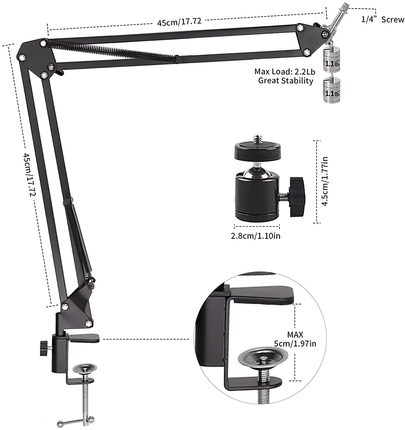 Desktop Mic Arm Stand Adjustable Tabletop Stands with 3/8'' Microphone Clip Stand for Webcam Light, Ring Light, Video Light