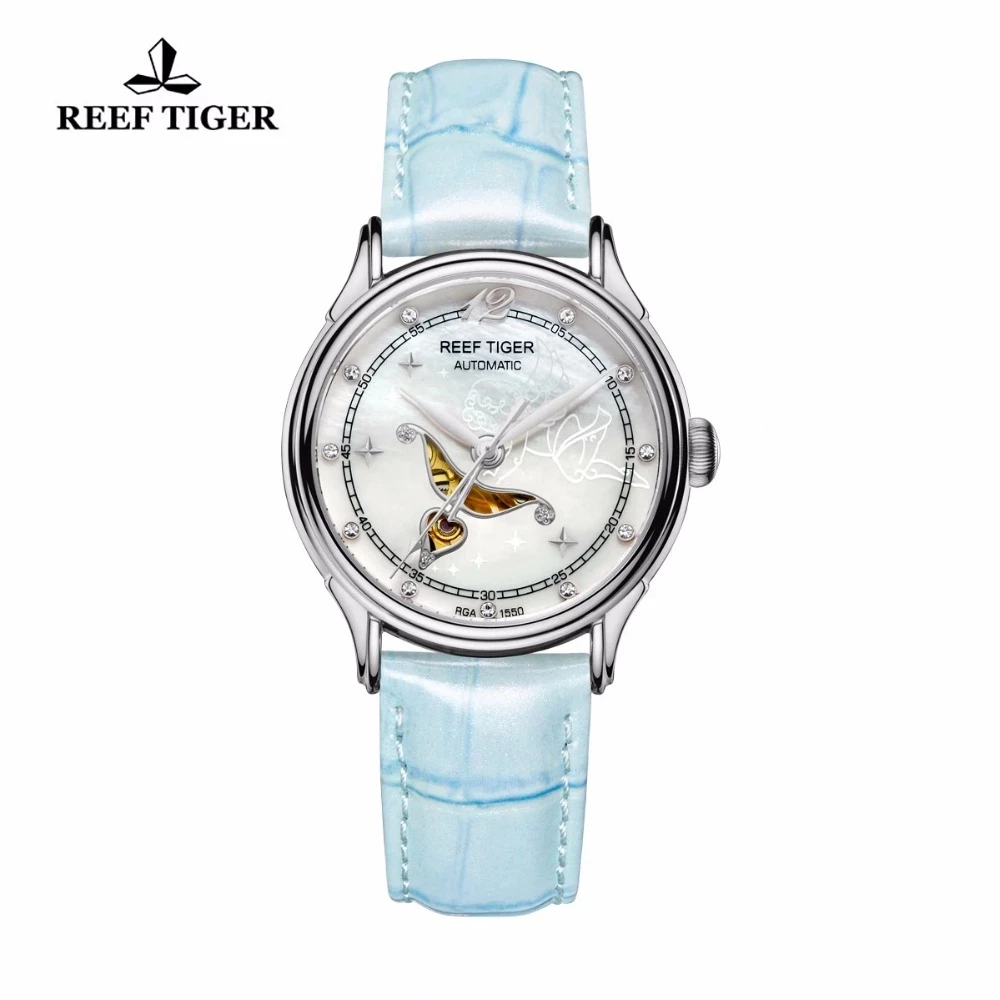 Reef Tiger/RT moda esfera de Cupido blanco relojes mecánicos automáticos para mujer movimiento Miyota cristal de zafiro resistente al agua 50M reloj